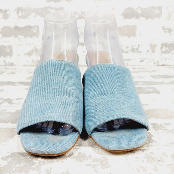 Nine West Wylow Blue Denim Open Toe Slip On Block Heel Mules M437 - Picture 3 of 13